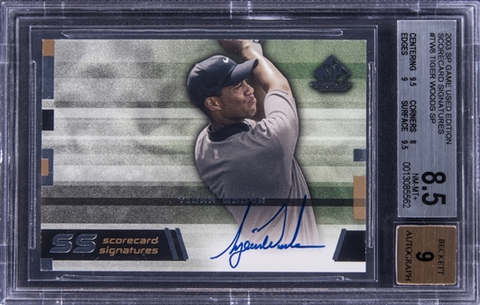2003 SP Game Used Edition Scorecard Signatures #SS-TWB Tiger Woods Signed Card - BGS NM-MT+ 8.5/BGS 9